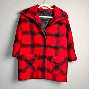 Talbots‎ Petites Red Black Plaid Wool Alpaca Blend Pea Barn Coat Jacket Small P
